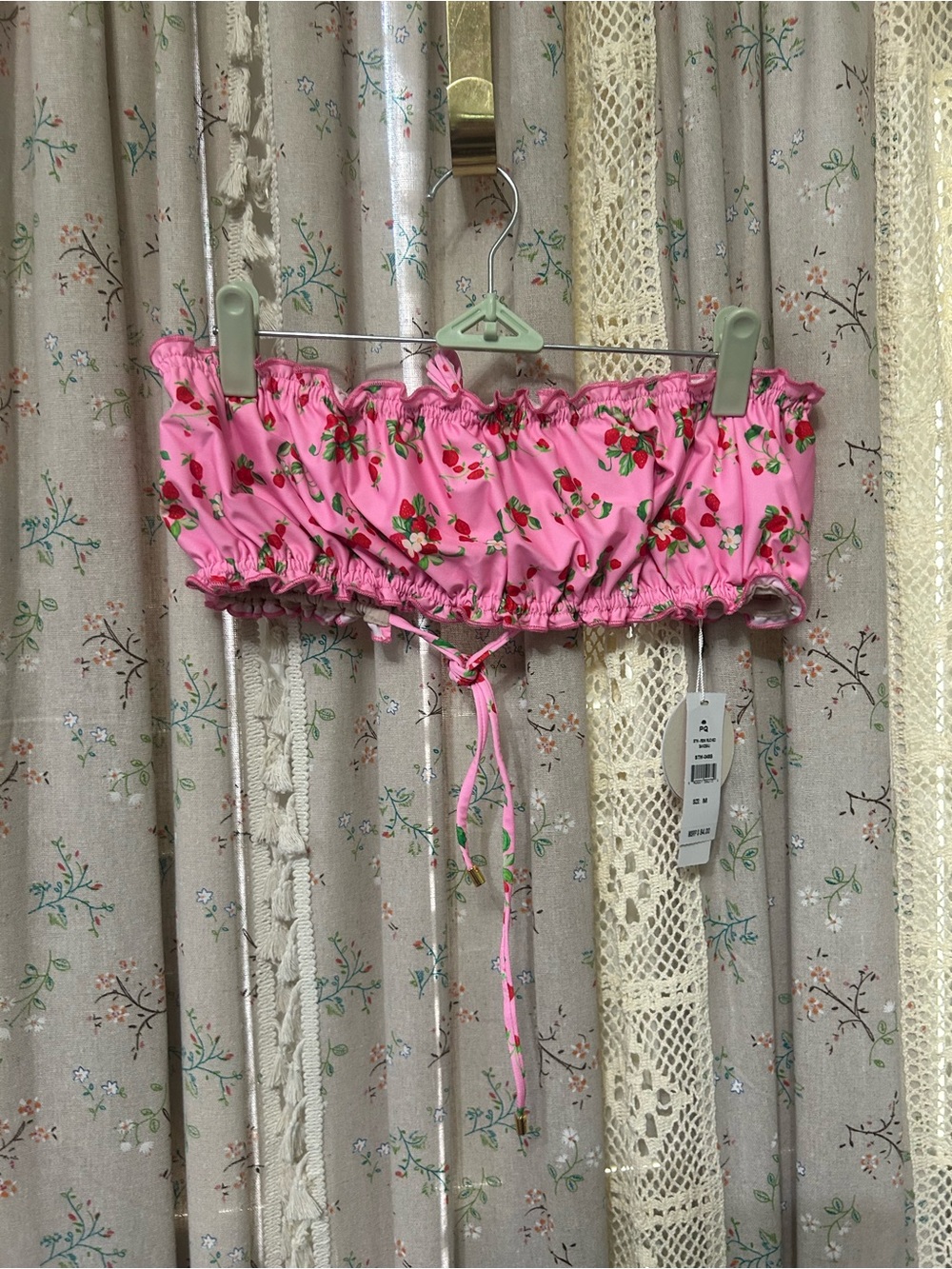 PQ Swim Remi Ruched Bandeau Bikini Top Strawberry Print Pink NWT Size M